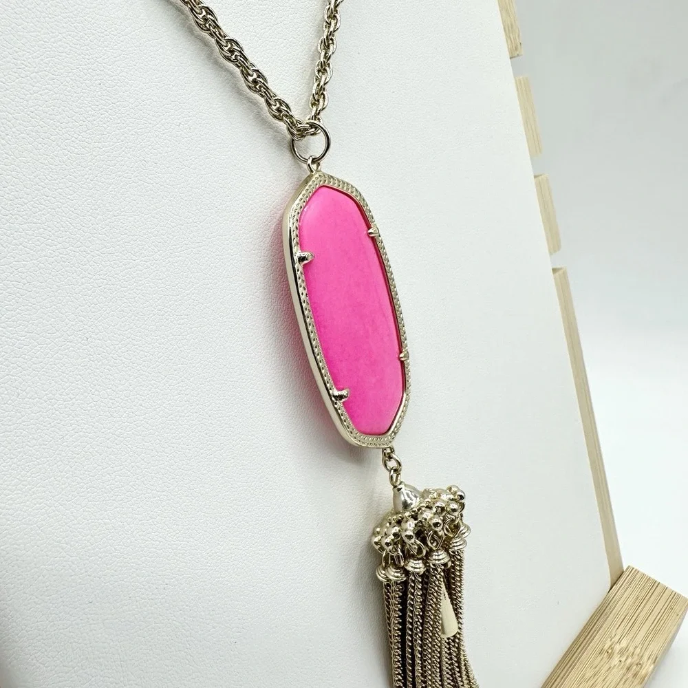 Kendra Scott Rayne Necklace Hot Pink Neon Tassel Pendant Long Goldtone Chain